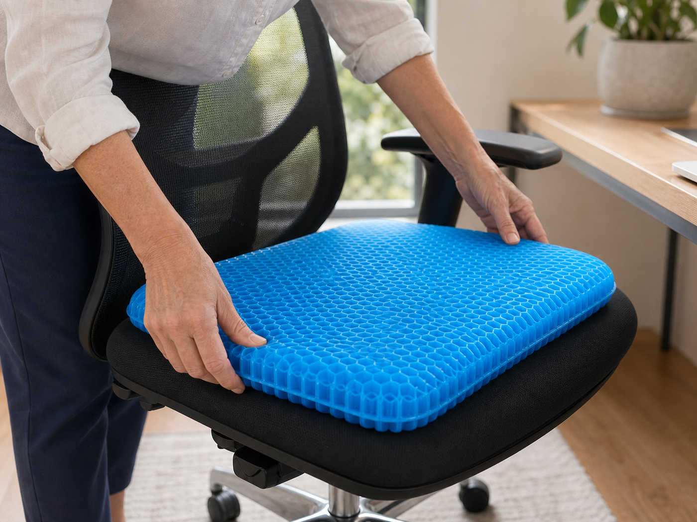 SupportSeat breathable blue gel seat cushion in use on an everyday seat
